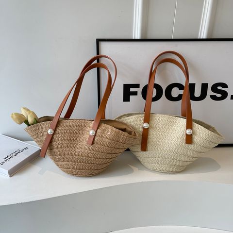 Women's Straw Solid Color Vacation Beach Sewing Thread Zipper Underarm Bag