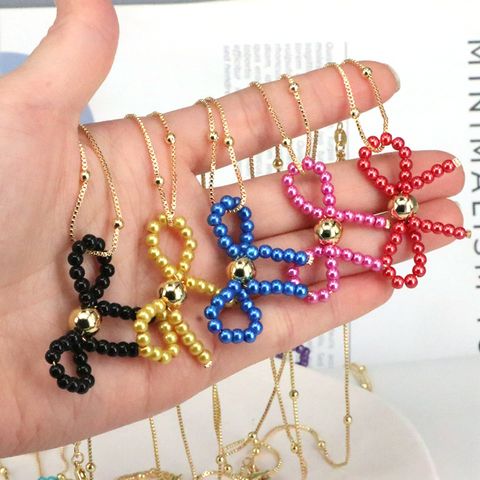 Imitation Pearl Copper Elegant Cute Beaded Bow Knot Pendant Necklace