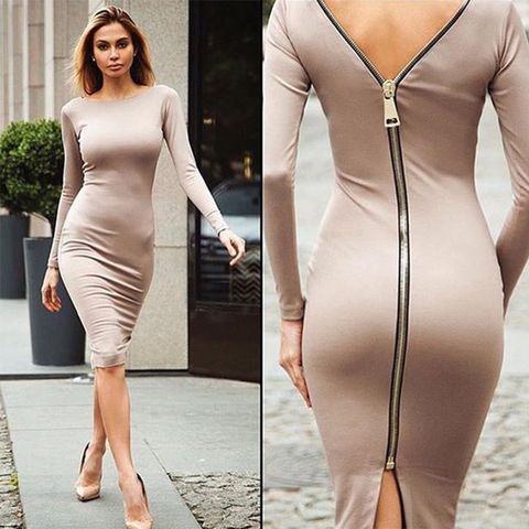 Women's Sheath Dress Sexy Round Neck Zipper Long Sleeve Solid Color Maxi Long Dress Banquet Daily Bar