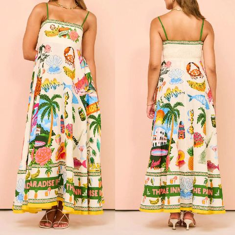 Women's Regular Dress Vacation Collarless Printing Sleeveless Letter Coconut Tree Pineapple Midi Dress Daily Beach