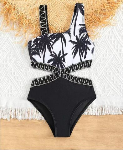 Family Look Vacation Printing Color Block Solid Color 4 Pieces Set One Piece Swimwear