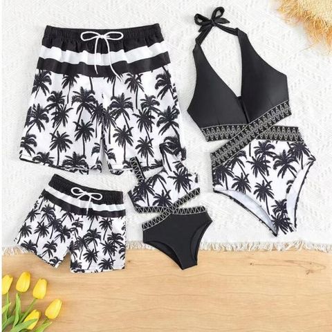 Family Look Vacation Printing Color Block Solid Color 4 Pieces Set One Piece Swimwear