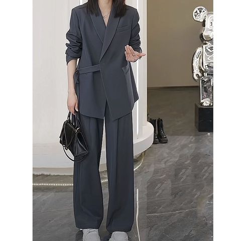 Business Banquet Daily Women's British Style Solid Color Spandex Polyester Button Pants Sets Pants Sets