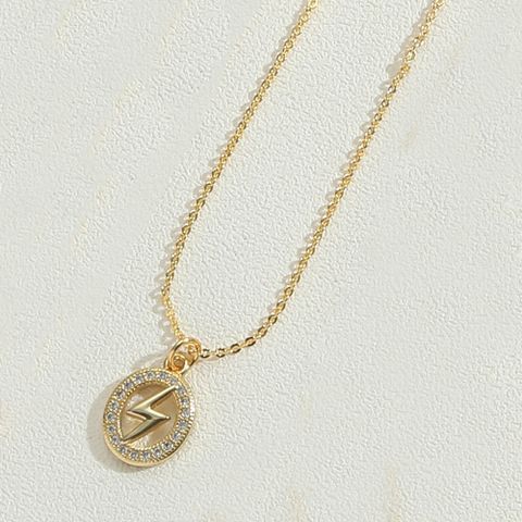 Copper 14K Gold Plated Vintage Style Simple Style Commute Hollow Out Inlay Pentagram Rainbow Lightning Diamond Pendant Necklace