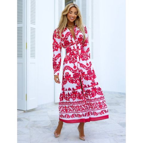 Women's Regular Dress Elegant V Neck Long Sleeve Printing Maxi Long Dress Daily Beach Date