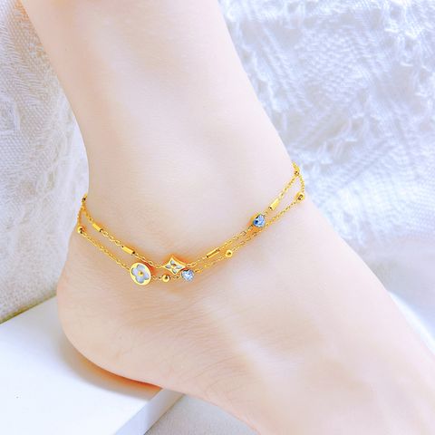 Simple Style Classic Style Heart Shape 304 Stainless Steel Inlay Rhinestones Glass Stone Shell 18K Gold Plated Women's Anklet