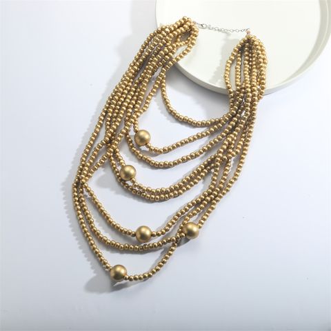 Vintage Style Simple Style Commute Round Wooden Beads Metal Beaded 14K Gold Plated Women's Layered Necklaces