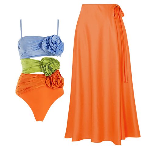 Women's Vacation Color Block Flower 2 Pieces Set One Piece Swimwear