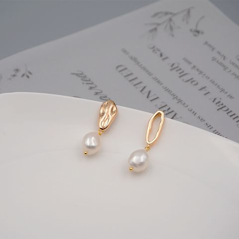 1 Pair Retro Solid Color Patchwork Freshwater Pearl Copper Gold Plated Drop Earrings