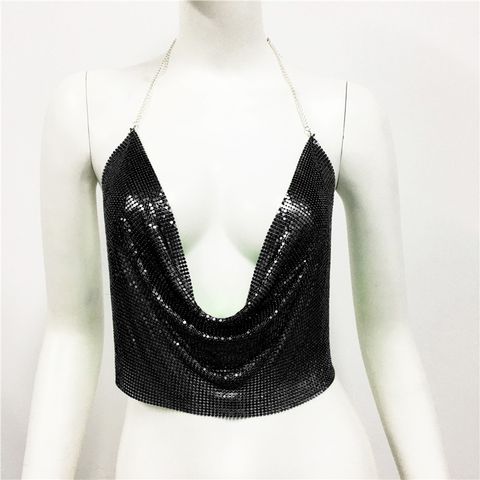 Women'S Wrap Crop Top Tank Tops Sequins Sexy Solid Color