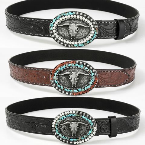 Gothic Retro Streetwear Animal Pu Leather Inlay Artificial Pearls Turquoise Men's Leather Belts