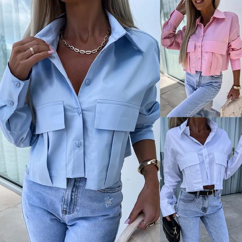 Women's Blouse Long Sleeve Blouses Button Simple Style Solid Color