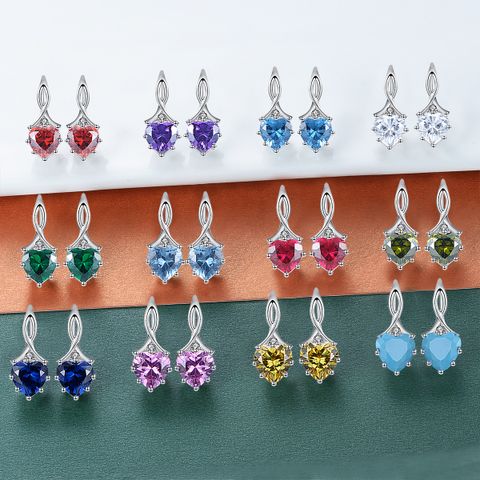 1 Pair IG Style French Style Classic Style Heart Shape Inlay Sterling Silver Birthstone Zircon Drop Earrings