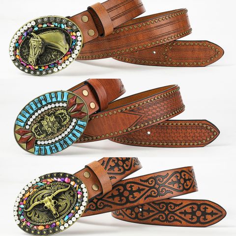 Retro Vacation Animal Pu Leather Inlay Turquoise Women's Leather Belts