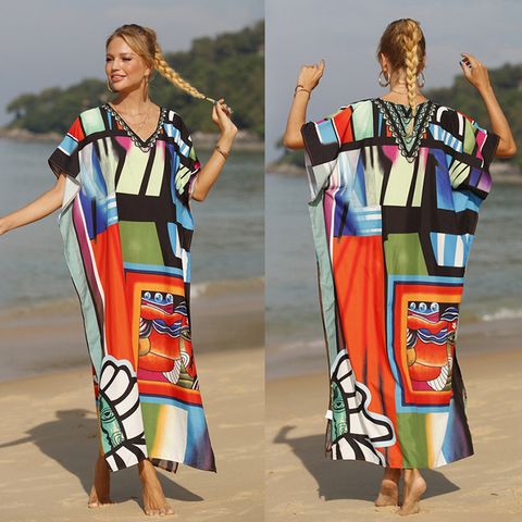 Women's Regular Dress Streetwear V Neck Printing Short Sleeve Abstract Maxi Long Dress Daily Beach