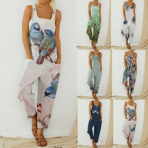 Women's Daily Vintage Style Graffiti Lines Bird Full Length Printing Casual Pants Jumpsuits