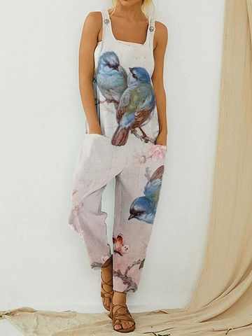 Women's Daily Vintage Style Graffiti Lines Bird Full Length Printing Casual Pants Jumpsuits
