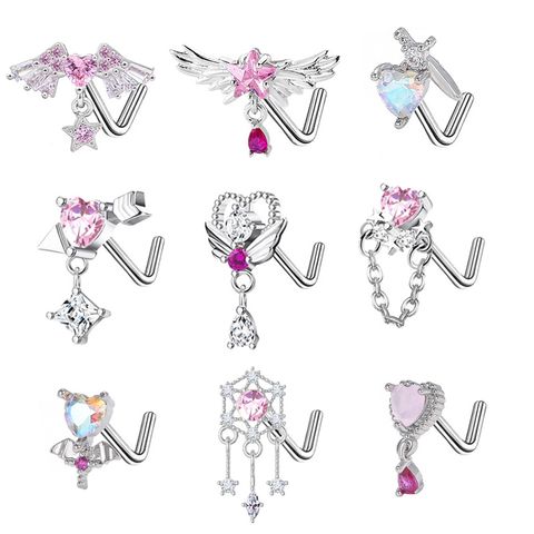 1 Piece Nose Rings & Studs Simple Style Classic Style Heart Shape Wings Bow Knot 316 Stainless Steel  Copper Plating Inlay Rhinestones Zircon White Gold Plated Nose Rings & Studs