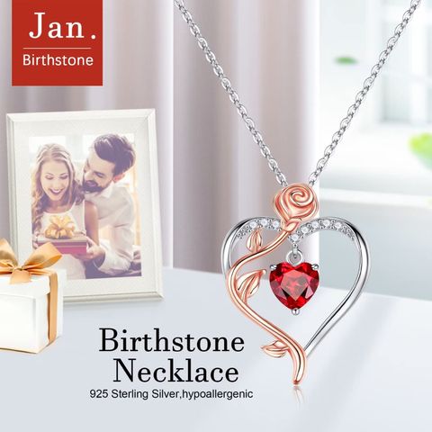 Sterling Silver Cute Sweet Inlay Heart Shape Rose Birthstone Zircon Pendant Necklace