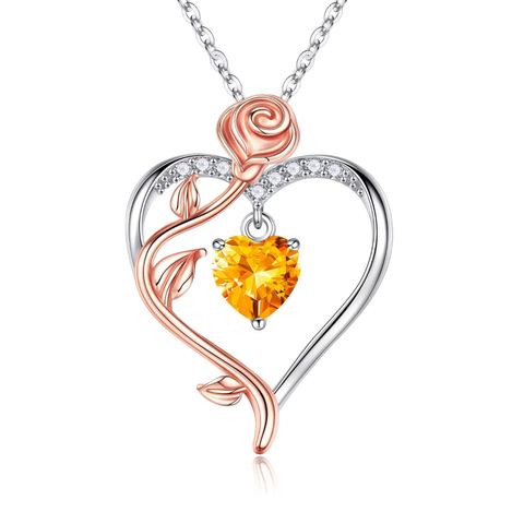 Sterling Silver Cute Sweet Inlay Heart Shape Rose Birthstone Zircon Pendant Necklace