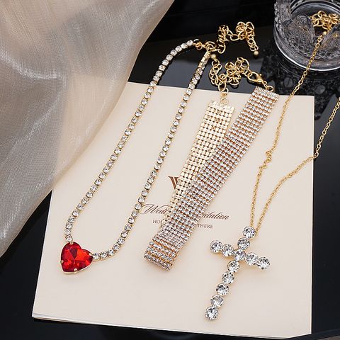 Elegant Glam Cross Heart Shape Alloy Rhinestone Copper Women's Pendant Necklace