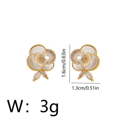 1 Pair Lady Commute Flower Inlay Copper Zircon 18K Gold Plated Ear Studs