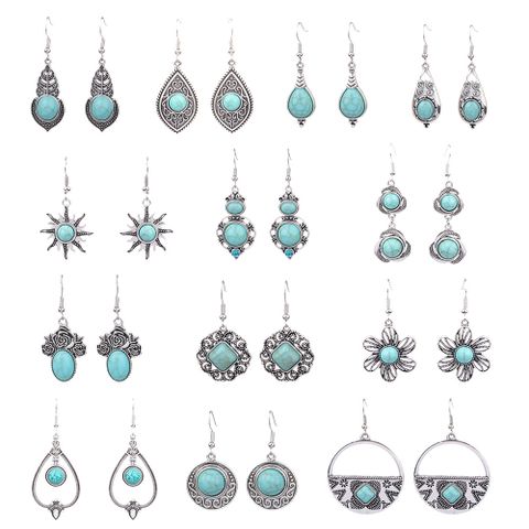 1 Pair Ethnic Style Round Inlay Alloy Turquoise Drop Earrings