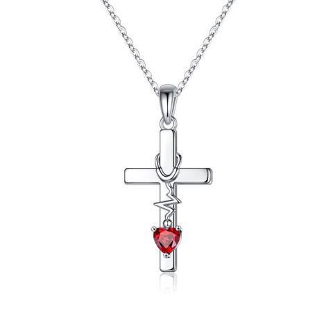 Sterling Silver Cute Sweet Cross Heart Shape Plating Inlay Birthstone Zircon Pendant Necklace