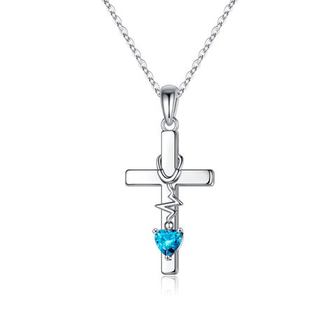 Sterling Silver Cute Sweet Cross Heart Shape Plating Inlay Birthstone Zircon Pendant Necklace