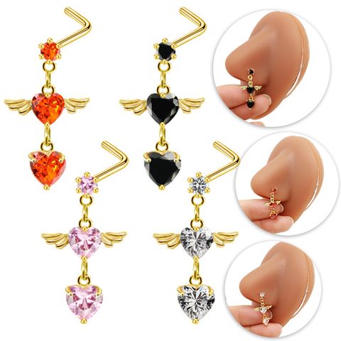 1 Piece Nose Rings & Studs Sweet Simple Style Heart Shape Wings Copper Plating Inlay Rhinestones Zircon White Gold Plated Nose Rings & Studs
