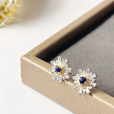 1 Pair Simple Style Classic Style Circle Flower Plating Inlay Sterling Silver Topaz Tourmaline Sapphire Gold Plated Ear Studs