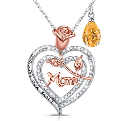 Sterling Silver Cute MAMA Sweet Letter Heart Shape Rose Hollow Out Inlay Birthstone Zircon Pendant Necklace