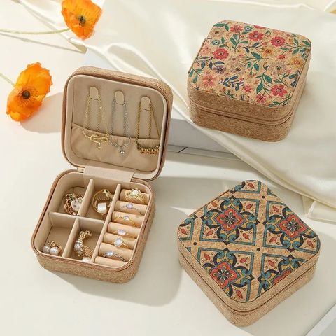 Retro Ethnic Style Multicolor Plant Wood Suede Printing Zipper Jewelry Boxes 1 Piece