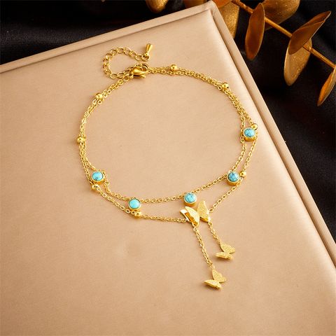 Vintage Style Butterfly 304 Stainless Steel Tassel Inlay Turquoise 18K Gold Plated Women's Anklet