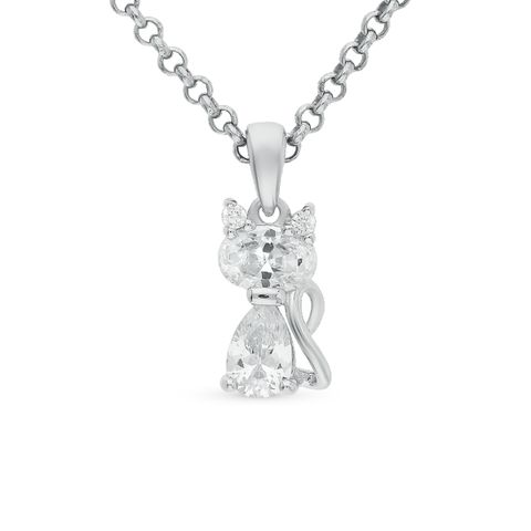 Sterling Silver White Gold Plated Cute Inlay Cat Zircon Pendant Necklace