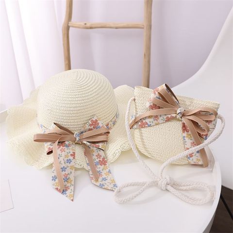 Girl's Sweet Bow Knot Jacquard Straw Hat
