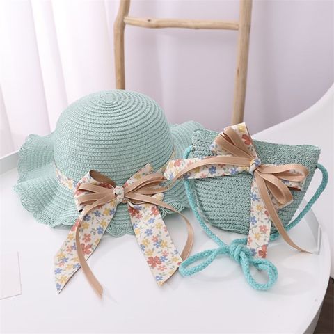 Girl's Sweet Bow Knot Jacquard Straw Hat