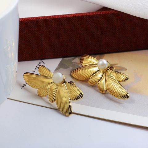 1 Pair Elegant Cute Solid Color Plating Inlay 304 Stainless Steel Pearl 18K Gold Plated Ear Studs