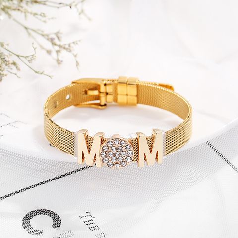 Casual Modern Style Letter 304 Stainless Steel 14K Gold Plated Alloy Rhinestones Wristband Bangle In Bulk