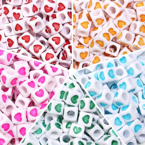 100 Pcs/Pack Acrylic Square Love Beads Colorful Oil Necklace Heart Shaped Big Hole Beads Spacer Beads Diy Ornament Accessories