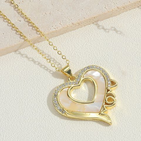 Vintage Style Heart Shape Shell Copper Inlay Zircon 14K Gold Plated Women's Pendant Necklace