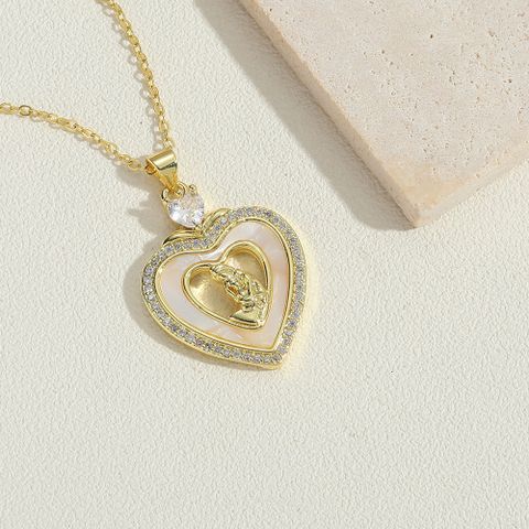 Vintage Style Heart Shape Shell Copper Inlay Zircon 14K Gold Plated Women's Pendant Necklace