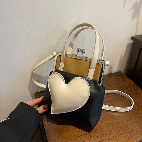 Women's Medium Pu Leather Color Block Heart Shape Cute Classic Style Lock Clasp Shoulder Bag Crossbody Bag