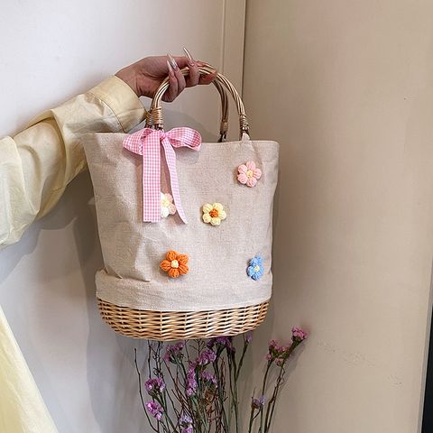 Women's Large Straw Solid Color Flower Bow Knot Vacation Beach Weave Bucket Open Handbag Straw Bag