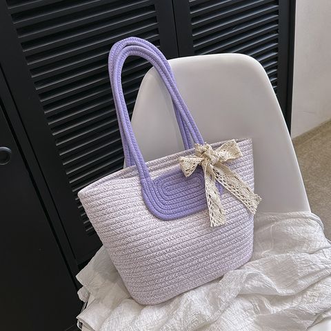 Women's Summer Straw Bow Knot Elegant Classic Style Zipper Tote Bag