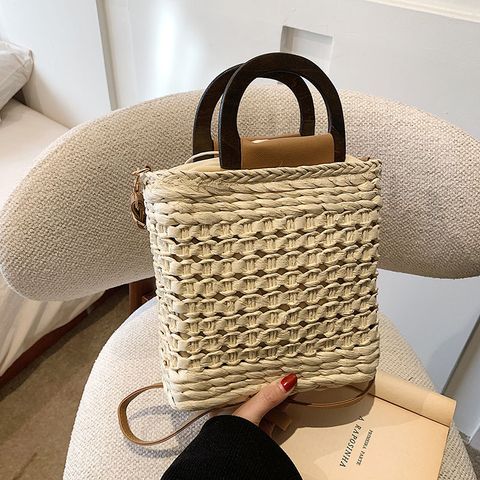 Women's Medium Spring&Summer Straw Square Vacation Classic Style Sewing Thread String Shoulder Bag Handbag Bucket Bag
