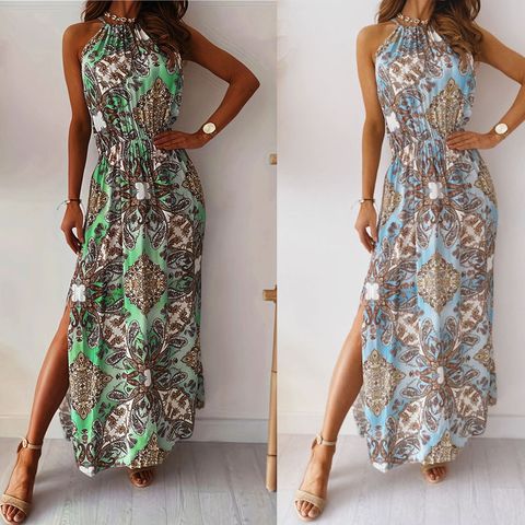 Casual Hawaiian Tropical Printing Maxi Dresses Polyester Chiffon Slit Dress Maxi Long Dress Dresses