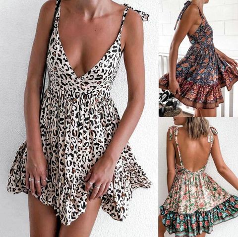 Hawaiian Sexy Tropical Leopard Short Dresses Polyester Printing Backless Strap Dress Above Knee Dresses