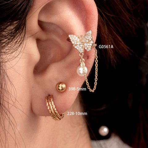 1 Piece Casual French Style Korean Style Butterfly Chain Inlay Copper Pearl Zircon Earrings Ear Studs
