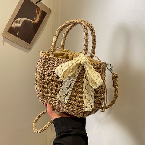 Women's Small Fabric Straw Solid Color Beach Weave Bucket String Straw Bag